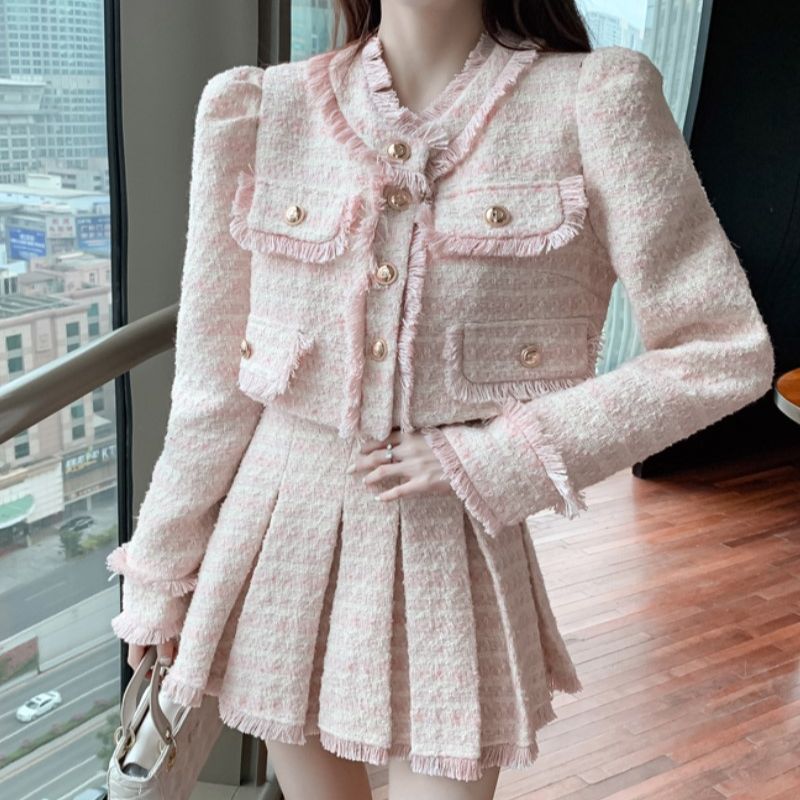 Winter Clothing Outfits - Conjunto de roupas rosa Jacquard Tweed
